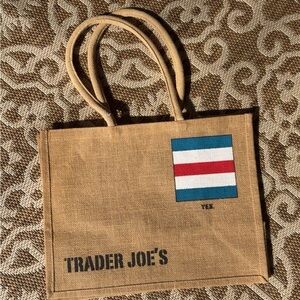 Trader Joe's Natural Jute Tote Bag with Blue and Red Stripe Accent